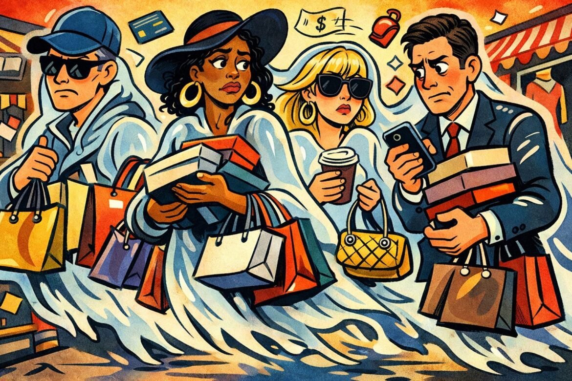 Ghost Consumers Walking Spending Masks Anxiety